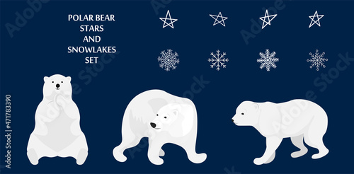 Polar bears, stars and snowflakes set isolated on dark background. Vector set for wrapping paper, pattern fills, winter greetings, web page background, Christmas and New Year greeting cards.