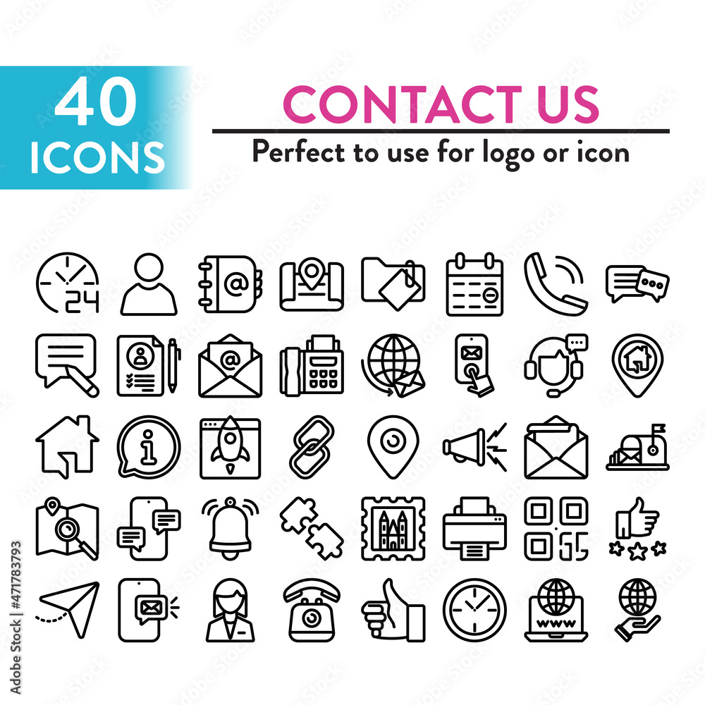 Set of 40 Contact Us web icons in line style. Perfect for logo or icon use. Vector Illustration	