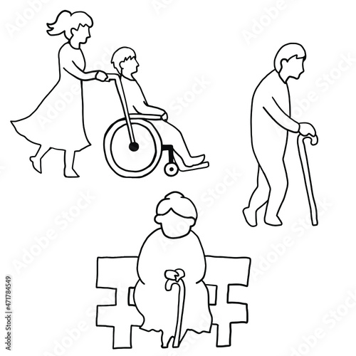 高齢者の手描き線画イラスト