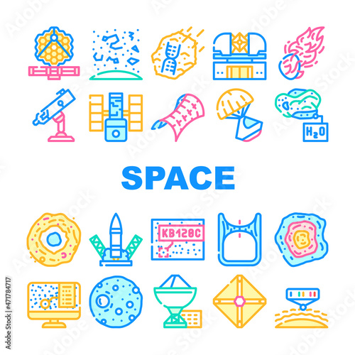 Space Researchment Equipment Icons Set Vector. Hubble Telescope Tool And Virtual Planetarium, Launch Rocket And Space Capsule, Spectral Analysis Of Stars And Planets Line. Color Illustrations