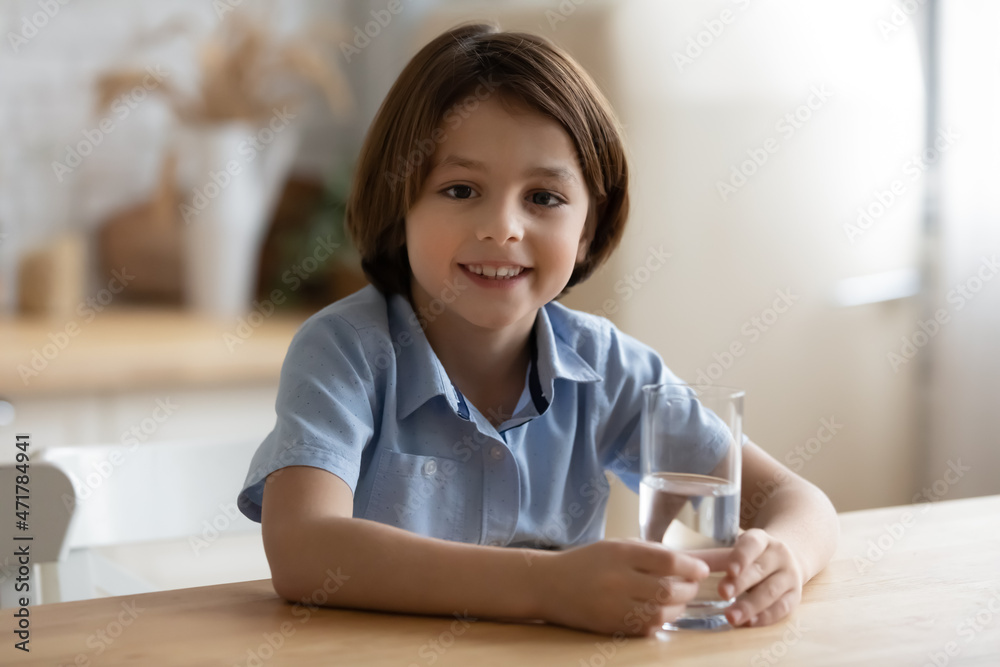 Calm attractive little boy sit alone at table in kitchen holding glass of natural mineral still water smiling looking at camera, enjoy fresh beverage, caring about health. Healthy lifestyle concept Calm attractive little boy sit alone at table in kitchen holding glass of natural mineral still water smiling looking at camera, enjoy fresh beverage, caring about health. Healthy lifestyle concept