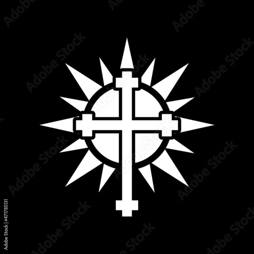 Christian cross with sun icon isolated on dark background
