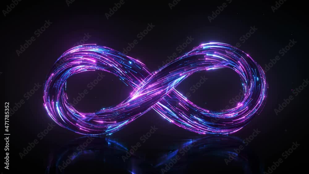Neon infinity sign. 3D render seamless loop animation