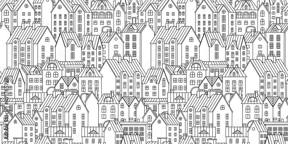 Vector seamless background with townhouses. Hand-drawn houses in black and white. Stock vector illustration.