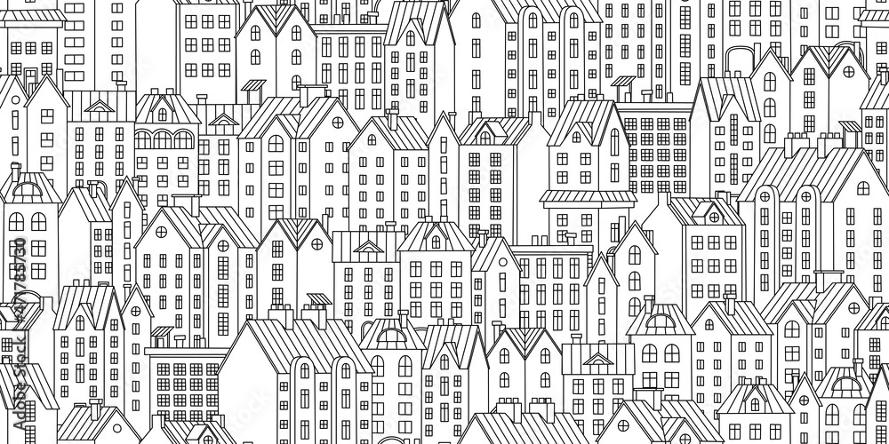 Vector seamless pattern with townhouses. Hand-drawn houses in black and white. Stock vector background.