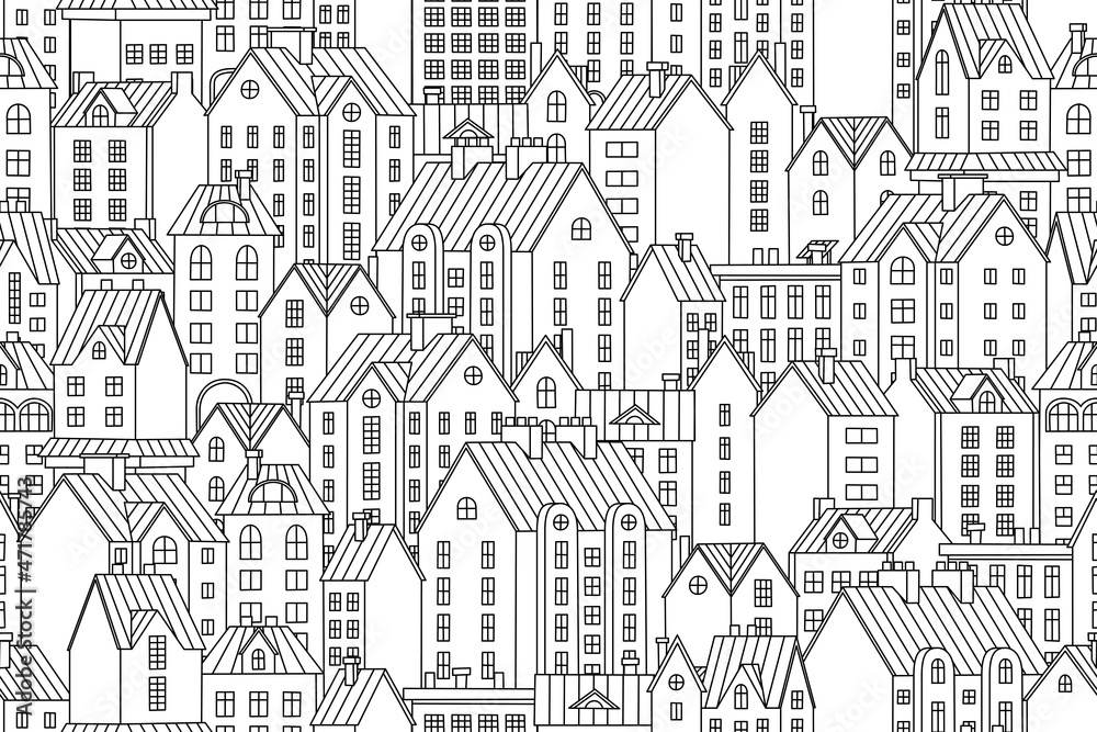 Vector seamless background with townhouses. Hand-drawn houses in one color. Stock vector background.