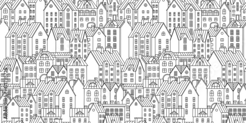 Vector seamless background with townhouses. Hand-drawn houses in black and white. Stock vector illustration.