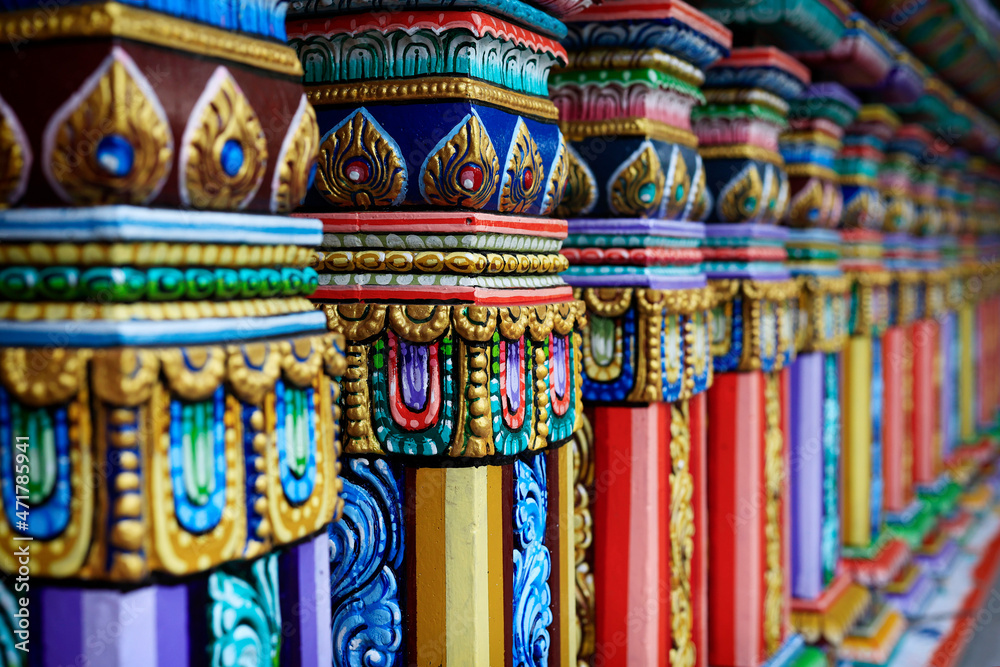 detail of colorful hindu temple, in the city of New delhi-India