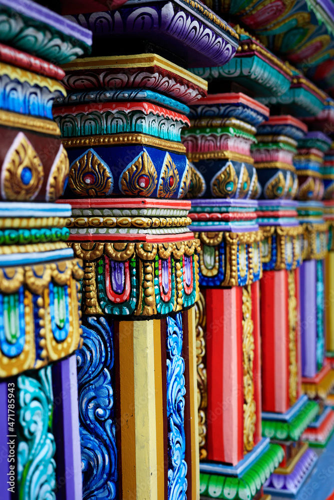 detail of colorful hindu temple, in the city of New delhi-India