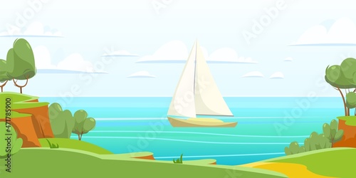 Sailing yacht. White single masted vessel with classic hull lines. View from afar. Flat style. Coastal hill with meadow and road. Calm blue sea. Vector.