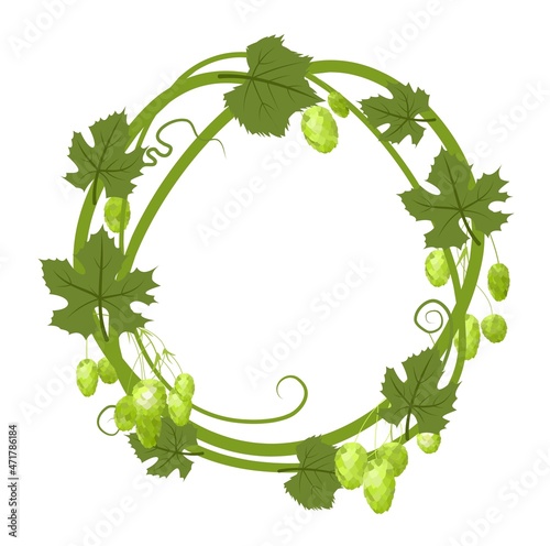Round Frame with Hops. A branch with dense leaves and cones. Sagging shoots with leaves. Wild nature. Flat style illustration with place for text. Isolated on white. Vector