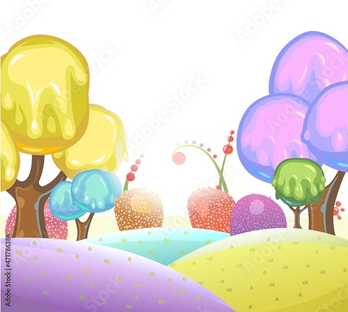 Candy background. Cartoon sweet land. Beads of jelly, ice cream and caramel. Chocolate. Cute childrens fairy landscape. Isolated fantastic illustration. Vector