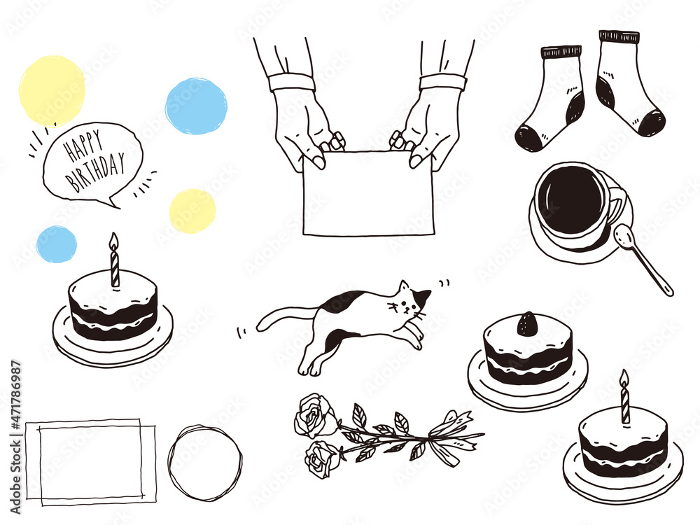 白黒 モノトーン 線画のイラスト 手書き コーヒー 手 ファッション 猫 ケーキ Black And White Monotone Line Drawing Illustrations Handwriting Coffee Hands Fashion Cats Cakes Stock Vector Adobe Stock