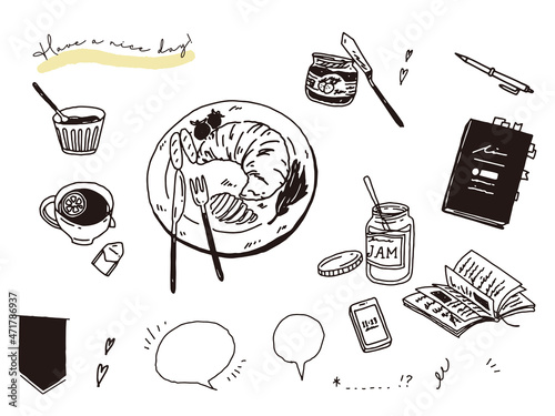 白黒、モノトーン、線画のイラスト(手書き、ミルク、カフェ、ランチ、コーヒー、デザート) Black-and-white, monotone, and line drawing illustrations.Handwritten, milk, cafe, lunch, coffee, dessert.