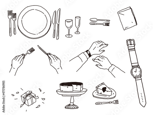 白黒、モノトーン、線画のイラスト(マナー、食器、皿、ケーキ) Illustrations of black and white, monotone, and line drawings.Manners, dishes, plates, cakes.