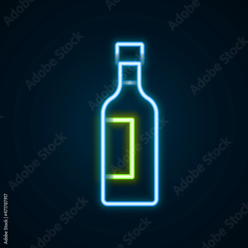 Glowing neon line Bottle of wine icon isolated on black background. Colorful outline concept. Vector