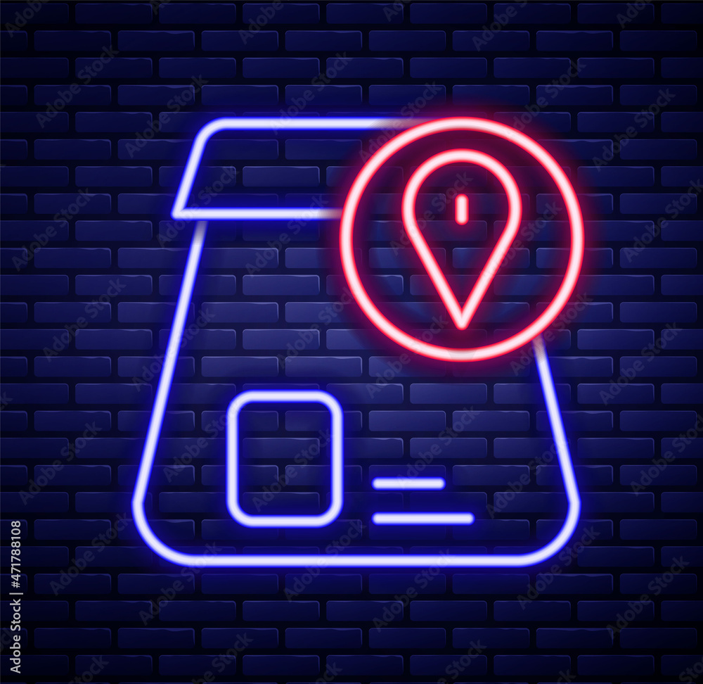 Glowing neon line Online ordering and fast food delivery icon isolated on brick wall background. Colorful outline concept. Vector Glowing neon line Online ordering and fast food delivery icon isolated on brick wall background. Colorful outline concept. Vector