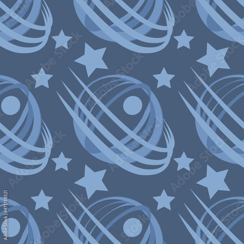 Seamless pattern, infinite texture on a square background - stylized space - satellite or planet and stars