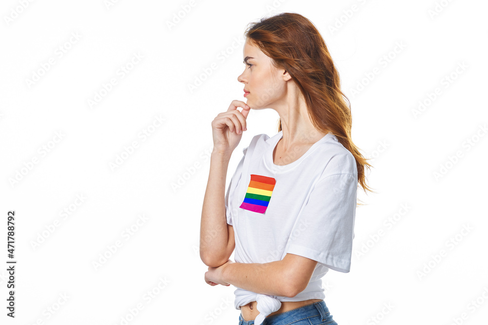 woman wearing white t-shirt lgbt flag inventor community woman wearing white t-shirt lgbt flag inventor community