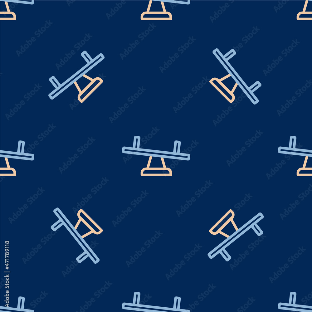 Line Seesaw icon isolated seamless pattern on blue background. Teeter equal board. Playground symbol. Vector
