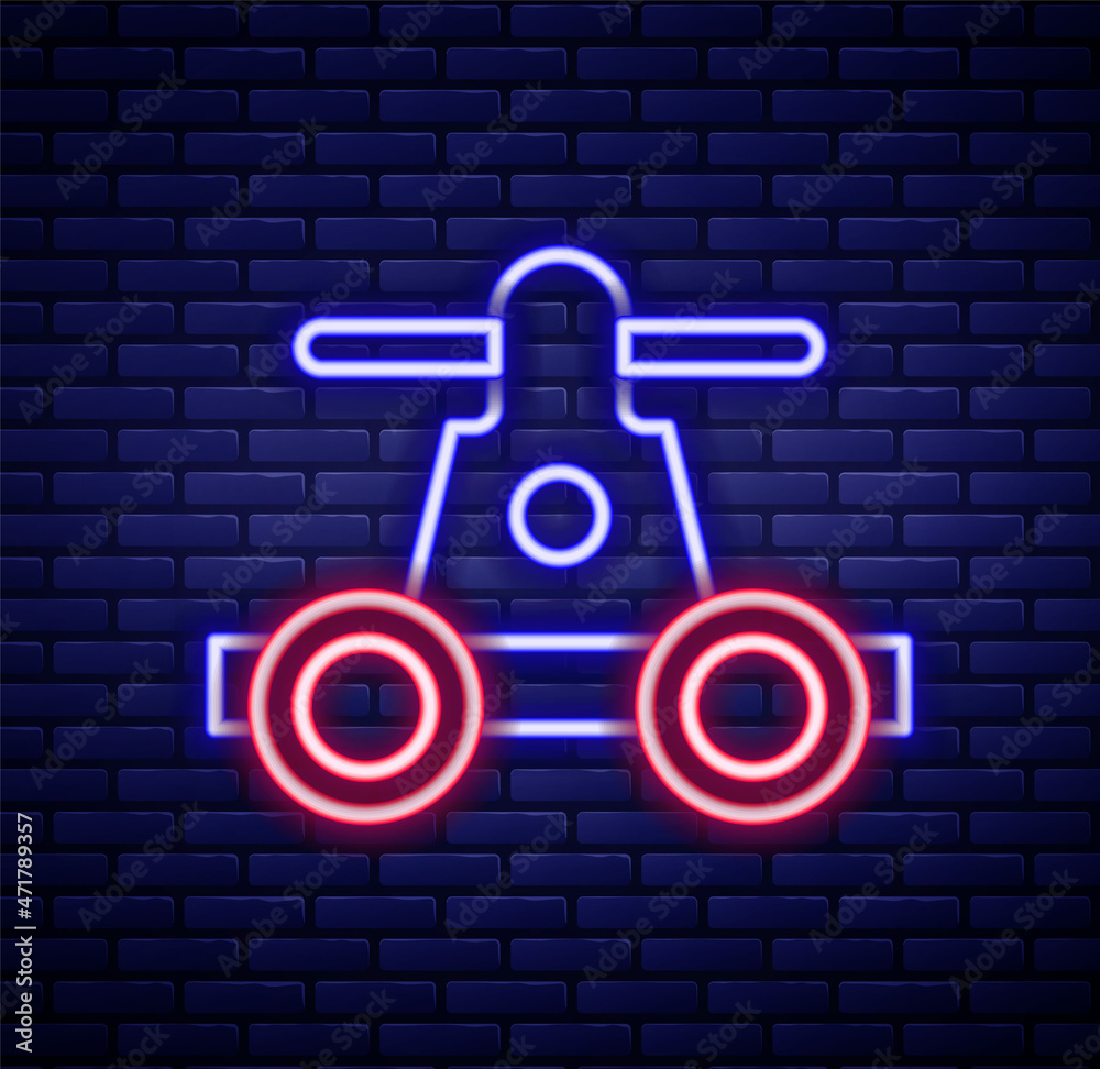 Glowing neon line Draisine handcar railway bicycle transport icon isolated on brick wall background. Colorful outline concept. Vector Glowing neon line Draisine handcar railway bicycle transport icon isolated on brick wall background. Colorful outline concept. Vector