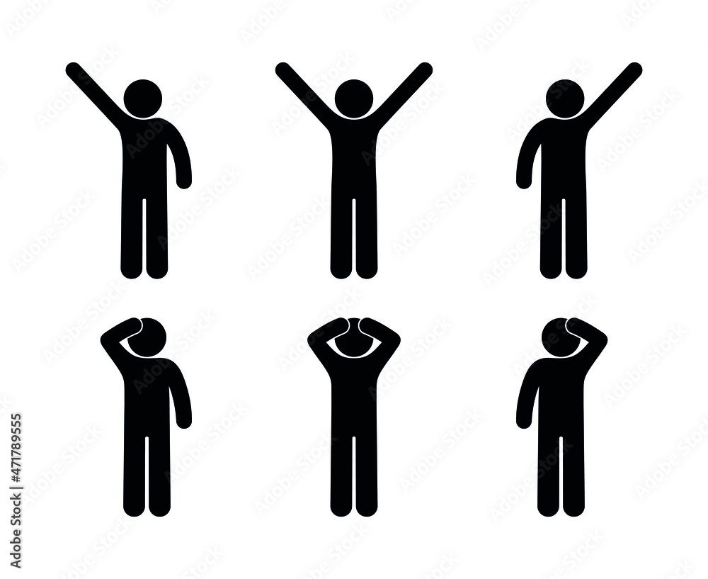 icon man raised his hands up, a set of stick men in various poses, stick figure human pictograms show gestures icon man raised his hands up, a set of stick men in various poses, stick figure human pictograms show gestures