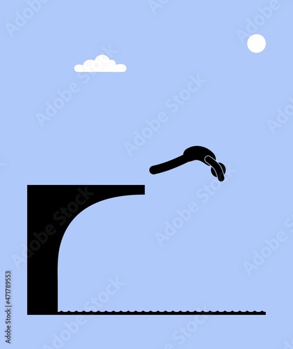 man dives into the pool from a springboard, stick figure swimmer pictogram. human silhouette jumping into the water