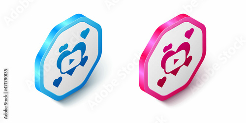 Isometric Romantic movie icon isolated on white background. Love film. Hexagon button. Vector