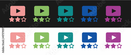Set Film or movie cinematography rating or review icon isolated on black and white background. Vector