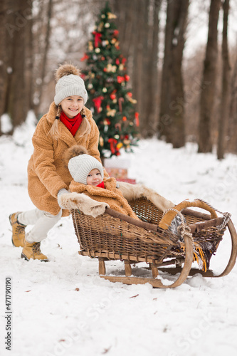 New Years sledding in the winter forest on the background of a Christmas