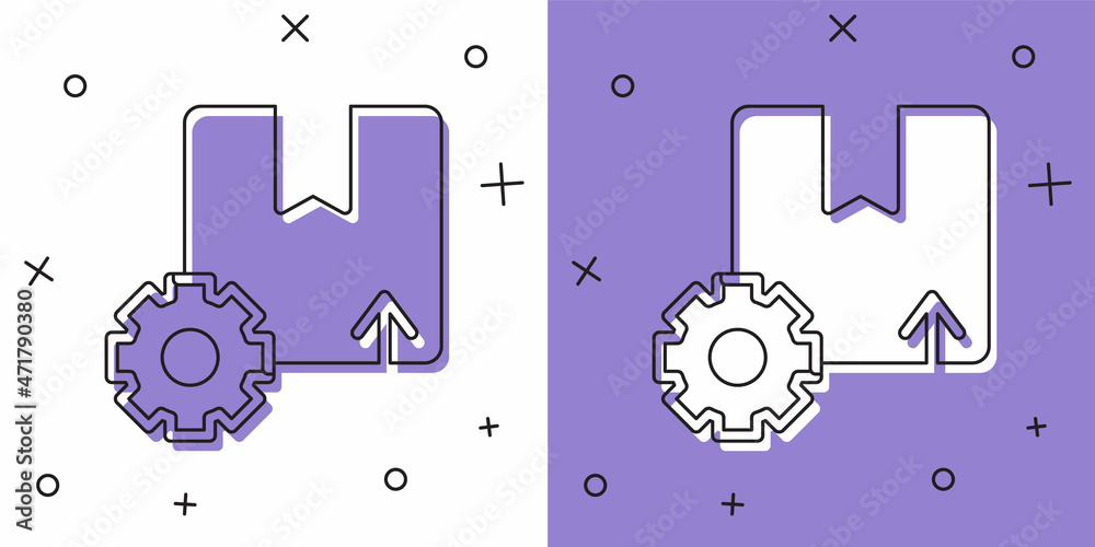 Naklejka premium Set Gear wheel with package box icon isolated on white and purple background. Box, package, parcel sign. Delivery and packaging. Vector