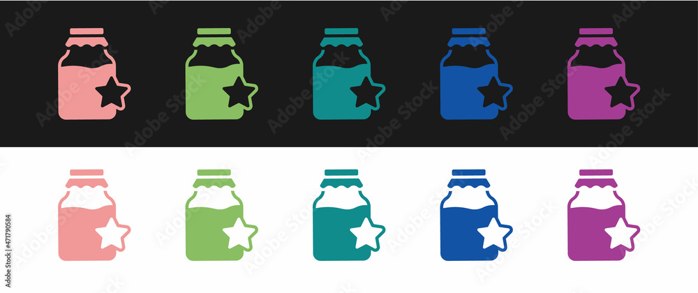 Set Jar of honey icon isolated on black and white background. Food bank. Sweet natural food symbol. Vector Set Jar of honey icon isolated on black and white background. Food bank. Sweet natural food symbol. Vector