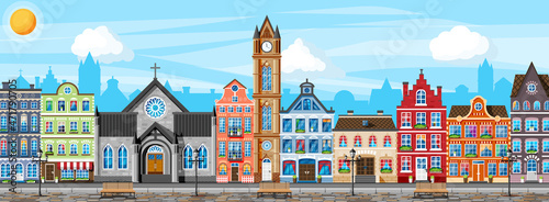 Traditional European Town. Old City Street with Lamp and Paving Stones Road. Medieval Urban Landscape. Street with Colorful Houses in Different Architectural Styles. Cartoon Flat Vector Illustration