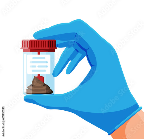 Stool Test Icon Isolated on White. Medical Stool Sample in Glass Tube in Hand. Laboratory Container with Excrement. Poo in Plastic Bag. Turd Research Medical Analysis. Cartoon Flat Vector Illustration