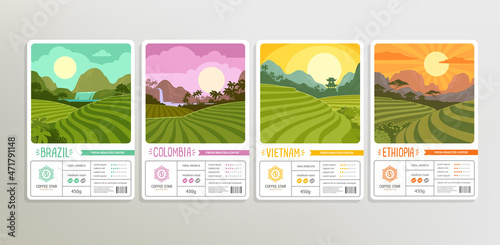 Coffee Star brand identity set of logo and sticker or label design with plantations and fields landscapes - vector template. Coffee or tea rainforest and mountain valley with sunrise photo
