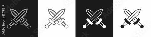 Set Crossed medieval sword icon isolated on black and white background. Medieval weapon. Vector