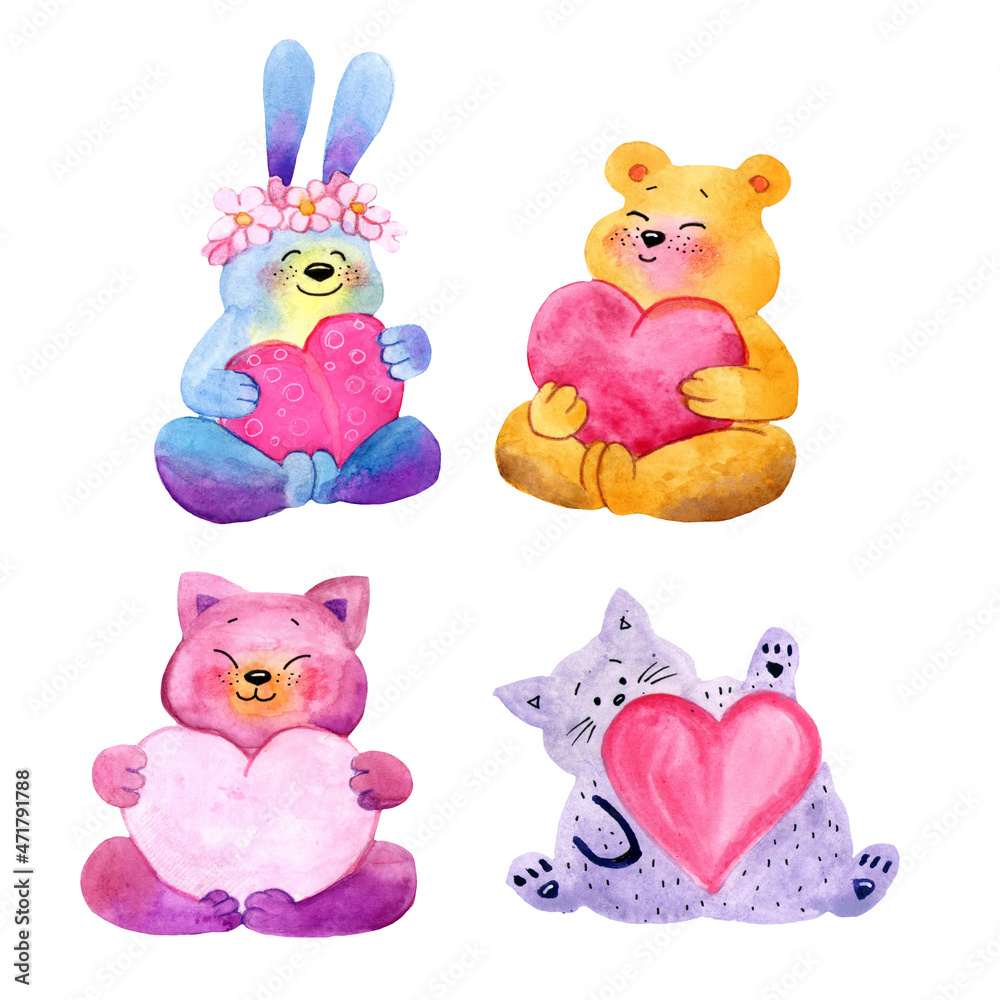 Obraz premium watercolor illustration set of cute cartoon animals with hearts