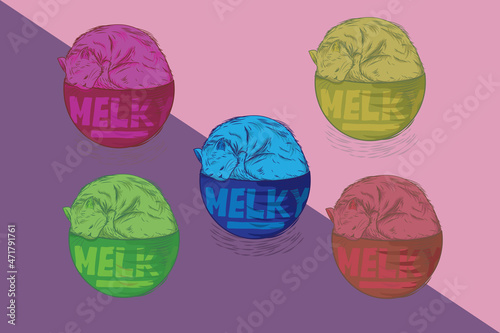 illustration design of a cat in a sleeping bowl with five different color variants