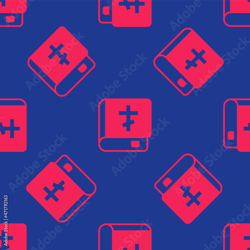 Red Holy bible book icon isolated seamless pattern on blue background. Vector