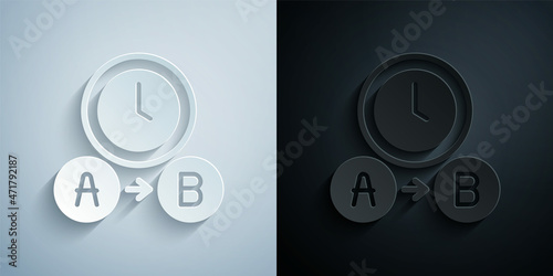 Paper cut Taxi waiting time icon isolated on grey and black background. Car deadline, schedule ride. Paper art style. Vector