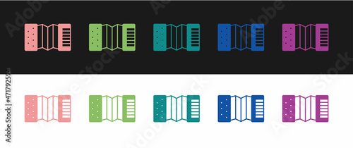 Set Musical instrument accordion icon isolated on black and white background. Classical bayan, harmonic. Vector