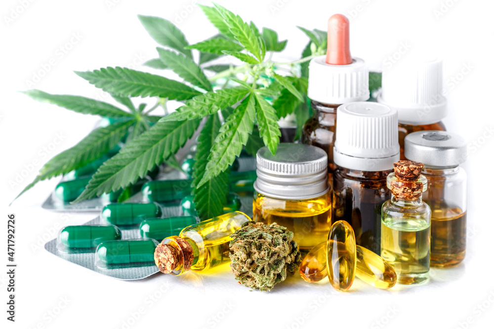 Green leaves of medicinal cannabis with extract oil.Medical marijuana flower buds. Hemp buds - medical marijuana concept.isolated on white Green leaves of medicinal cannabis with extract oil.Medical marijuana flower buds. Hemp buds - medical marijuana concept.isolated on white