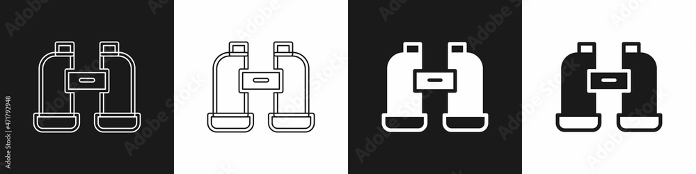 Set Binoculars icon isolated on black and white background. Find software sign. Spy equipment symbol. Vector Set Binoculars icon isolated on black and white background. Find software sign. Spy equipment symbol. Vector
