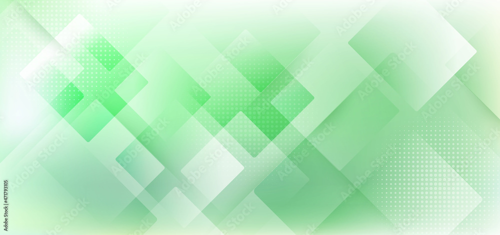 Abstract template background white and bright green squares overlapping with halftone and texture. Abstract template background white and bright green squares overlapping with halftone and texture.