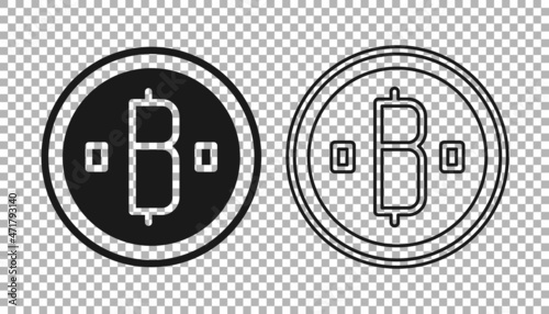 Black Cryptocurrency coin Bitcoin icon isolated on transparent background. Physical bit coin. Blockchain based secure crypto currency. Vector