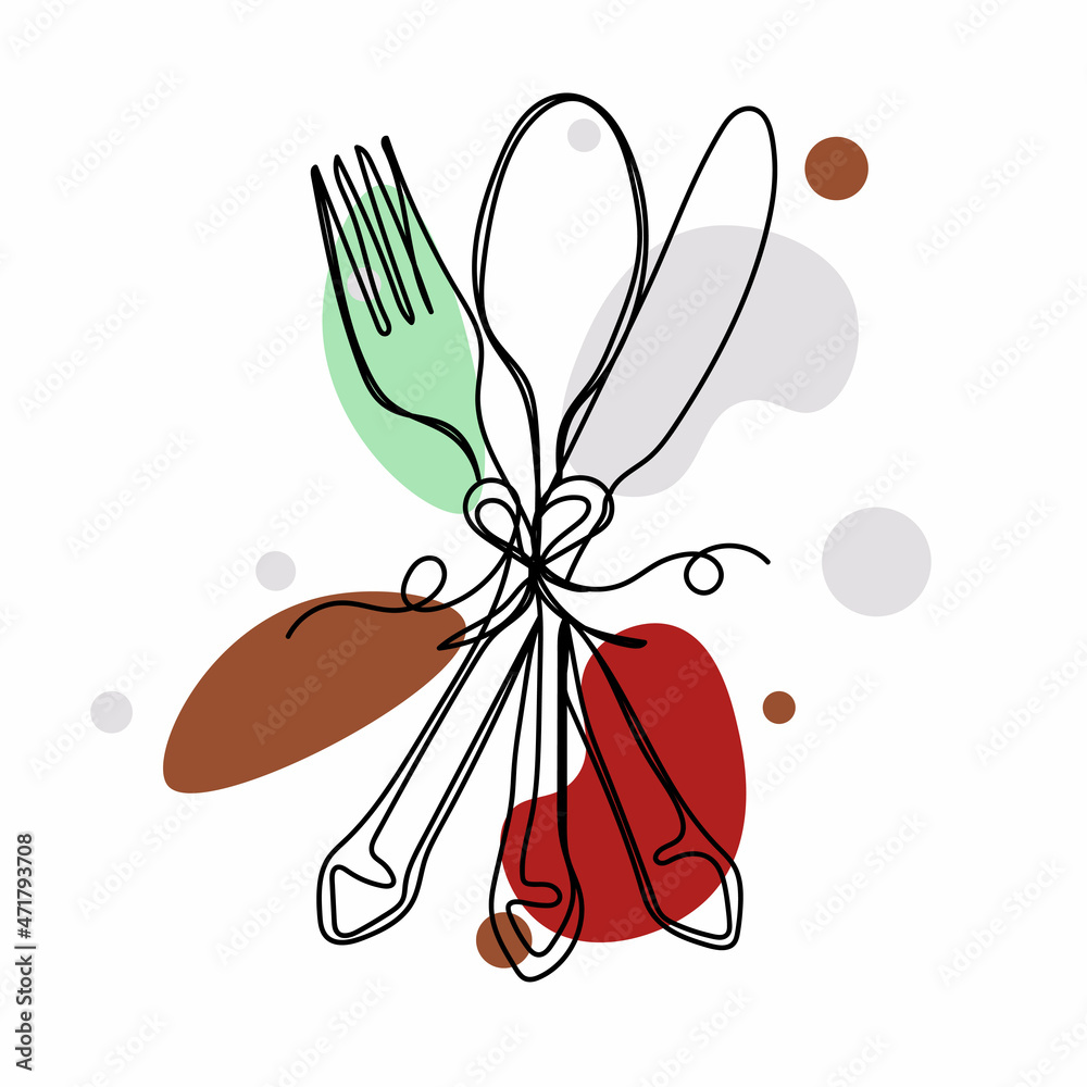 Vector abstract continuous one single simple line drawing icon of fork and spoon knife in silhouette sketch. Perfect for greeting cards