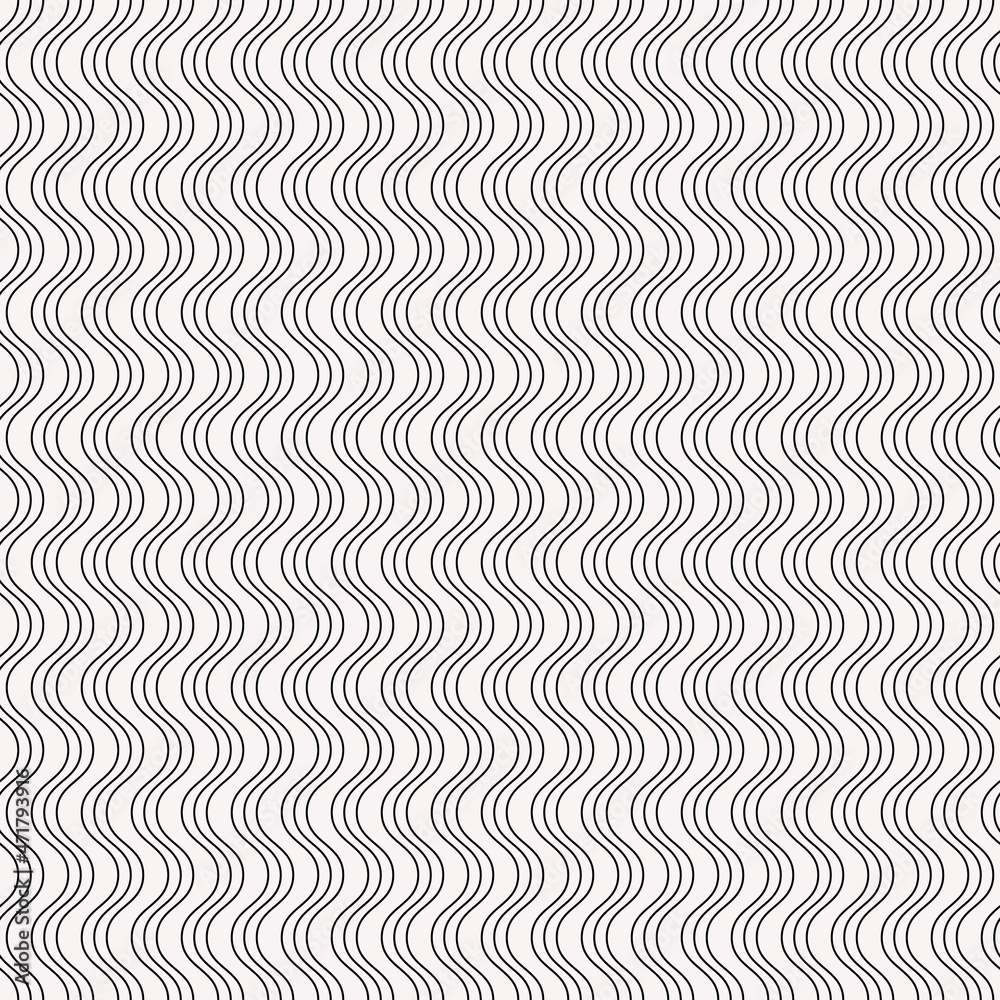 Vertical wavy lines in black. White background and seamless pattern of curved waves, striped canvas.