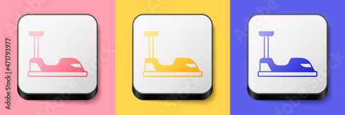 Isometric Bumper car icon isolated on pink, yellow and blue background. Amusement park. Childrens entertainment playground, recreation park. Square button. Vector