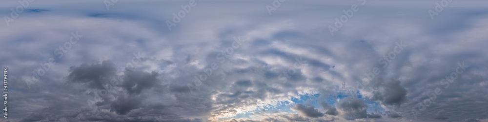 Overcast sky panorama on sunset with Cumulus clouds in Seamless spherical equirectangular format as full zenith for use in 3D graphics, game and aerial drone 360 degree panoramas for sky replacement.