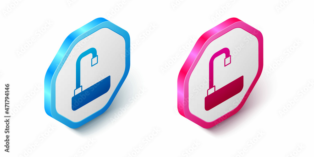 Isometric Washbasin with water tap icon isolated on white background. Hexagon button. Vector Isometric Washbasin with water tap icon isolated on white background. Hexagon button. Vector